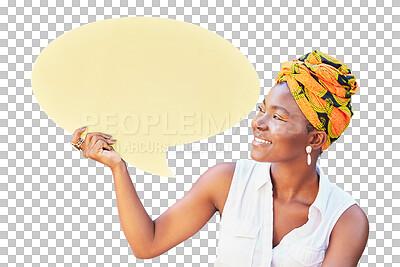 Buy stock photo Social media, speech bubble and marketing with a black woman isolated on transparent background. Smile, advertising or opinion with a happy young african person holding an announcement poster on PNG