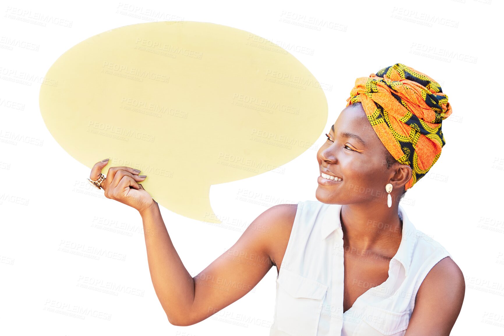 Buy stock photo Social media, speech bubble and marketing with a black woman isolated on transparent background. Smile, advertising or opinion with a happy young african person holding an announcement poster on PNG