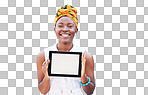 Portrait of black woman, tablet and screen, mockup or web space for digital marketing, advertising or branding app isolated on transparent png background. Happy girl, technology and mock up for logo