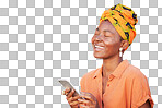 Face, phone and black woman on laughing at funny social media isolated on a transparent png background. Smile and happy female with smartphone enjoying joke or meme while texting online