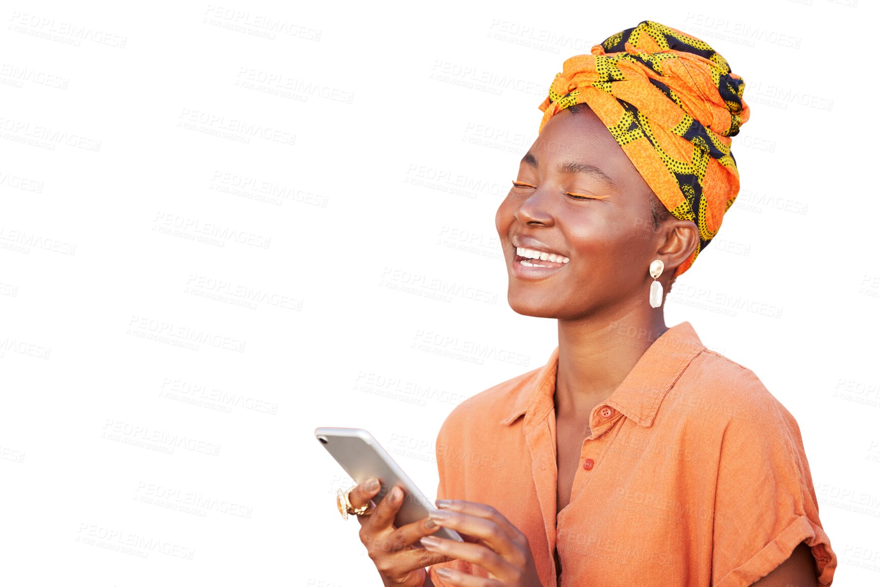 Buy stock photo Phone, happy and woman laughing for browsing on social media, mobile app or website at video. Happiness, comedy and African female model networking on cellphone isolated by transparent png background