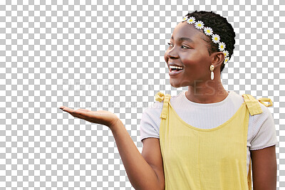 Buy stock photo Black woman, open hand and smile by empty mockup for fashion, product or promo by transparent png background. Isolated girl, student and smile with spring aesthetic with flower crown by mock up space