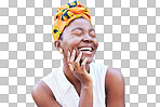 Happy black woman, african fashion and culture with turban isolated on transparent png background in Nigeria. Face, joy and beauty or style of a young person laughing with positive mindset and smile