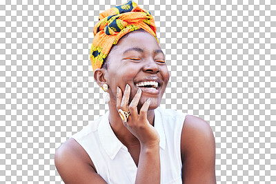 Happy black woman, african fashion and culture with turban isolated on transparent png background in Nigeria. Face, joy and beauty or style of a young person laughing with positive mindset and smile