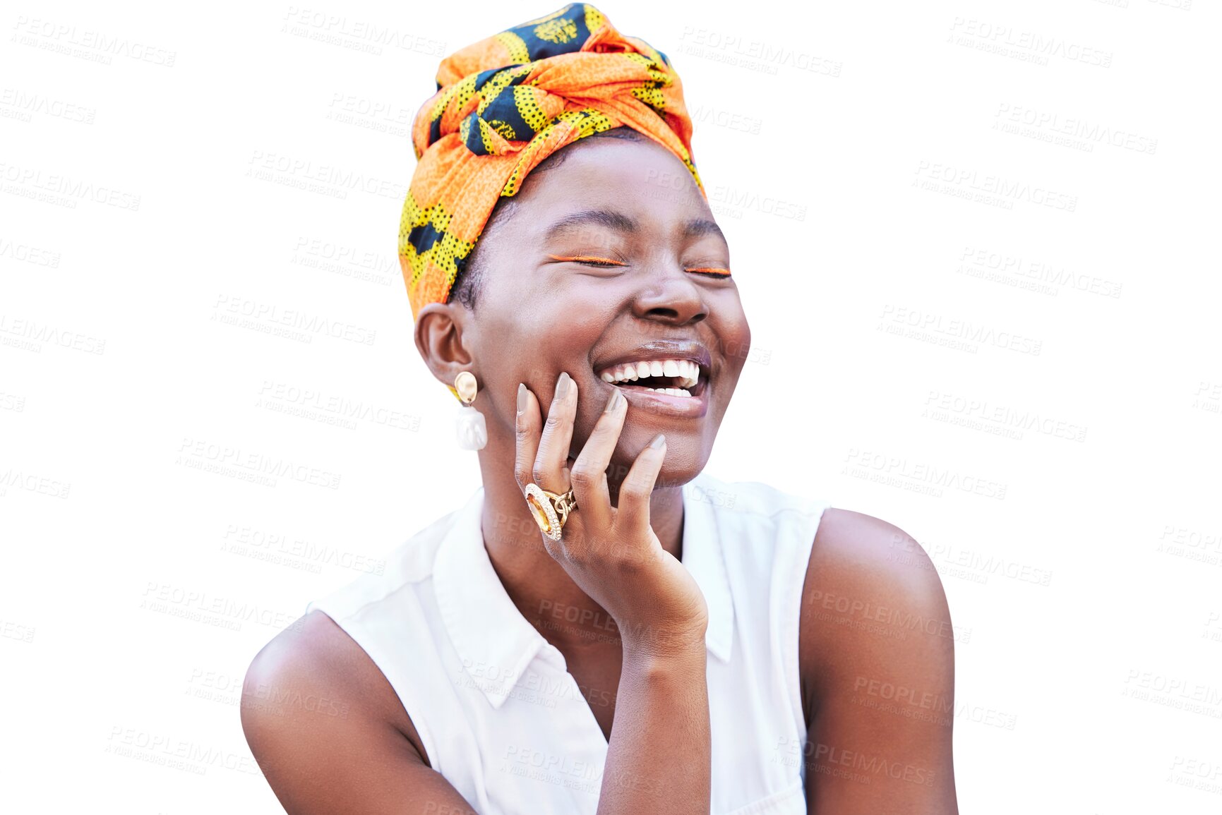 Buy stock photo Happy black woman, African fashion and turban for culture isolated on transparent png background. Heritage, joy and traditional style of a young person laughing with positivity, smile and confidence