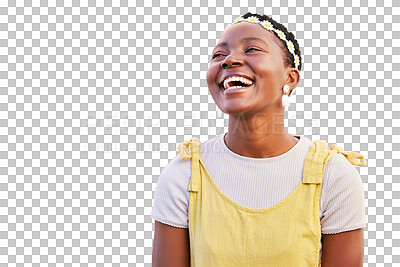 Buy stock photo Woman, laughing and thinking of funny idea or memory isolated on a transparent png background. Natural beauty, fashion and happy face of a black person laugh for comic emoji, joke or silly comedy