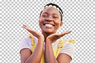 Black woman, flower crown and smile in portrait isolated on a transparent png background for natural beauty and joy. Happy african girl, hands and face for hippie glow and flowers for spring