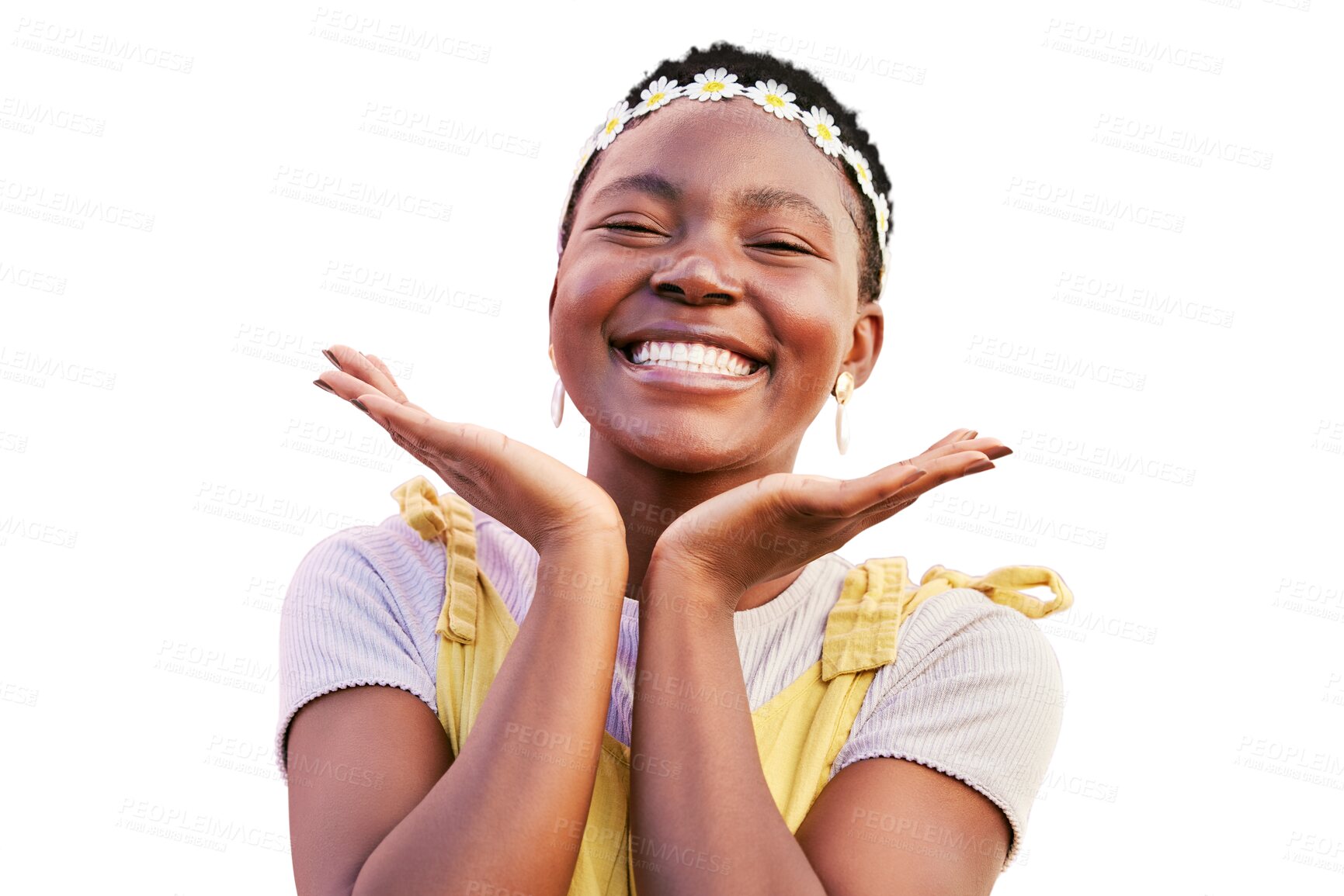 Buy stock photo Smile, flower or crown portrait of a woman isolated on a transparent, png background. Natural beauty, happy and hands on face of an African girl with a excited glow and happiness for spring flowers