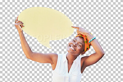 Buy stock photo Social media, speech bubble and portrait with a black woman isolated on a transparent background. Funny, pointing and announcement with a happy young african person holding a option poster on PNG