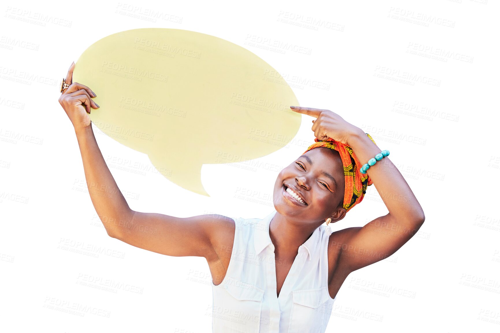 Buy stock photo Social media, speech bubble and portrait with a black woman isolated on a transparent background. Funny, pointing and announcement with a happy young african person holding a option poster on PNG