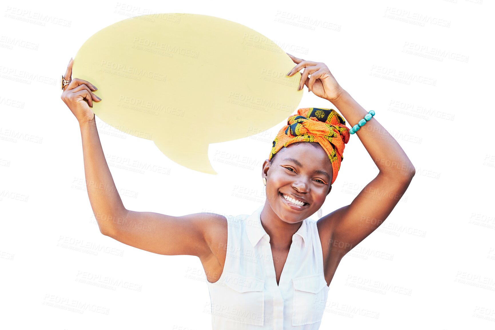 Buy stock photo Portrait, speech bubble and announcement with a black woman isolated on a transparent background. Face, smile and social media with a happy african person holding a communication mockup poster on PNG