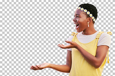 Buy stock photo Woman, excited and palm for advertising wow mockup space isolated on a transparent, png background. Natural beauty, happy and hands of an African girl with announcement, promotion and news or choice