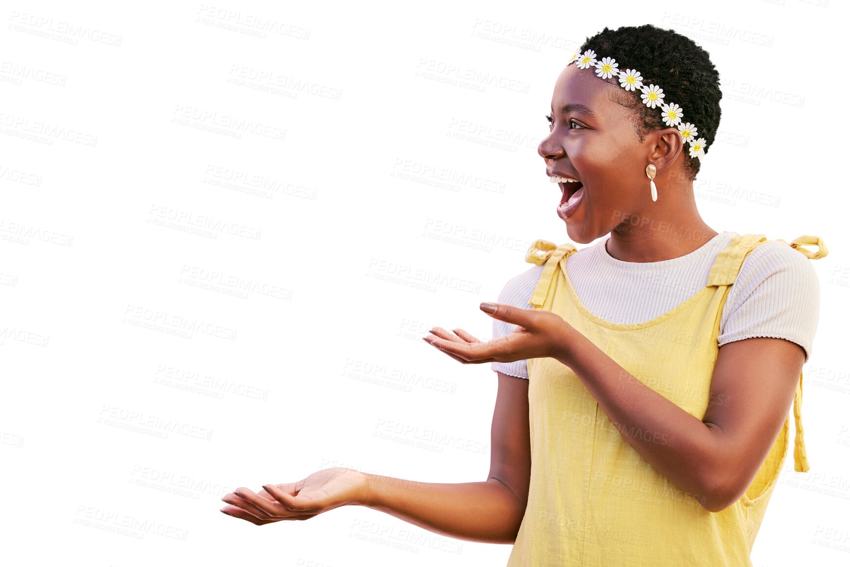 Buy stock photo Woman, excited and palm for advertising wow mockup space isolated on a transparent, png background. Natural beauty, happy and hands of an African girl with announcement, promotion and news or choice