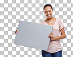 Advertising, board and woman with sign, billboard and poster on an isolated and transparent png background. Marketing, branding mockup and happy model for announcement, news and information