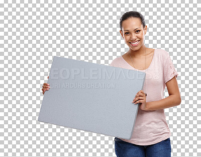 Buy stock photo Portrait, poster and mock up with a young woman isolated on a transparent background for marketing or advertising. Billboard, branding logo and about us with an attractive happy female person on PNG