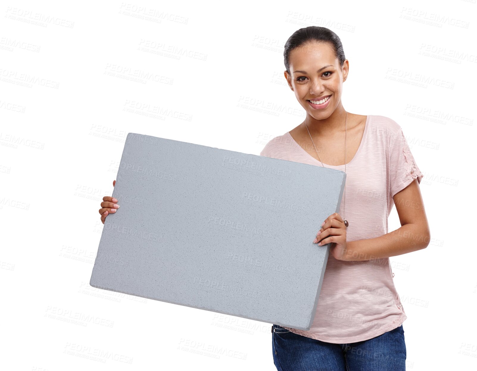 Buy stock photo Portrait, poster and mock up with a young woman isolated on a transparent background for marketing or advertising. Billboard, branding logo and about us with an attractive happy female person on PNG