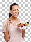 Diet, eating and portrait of woman with salad for health, wellness and lose weight or nutrition lifestyle. Smile of happy girl with healthy food for lunch on an isolated or transparent png background