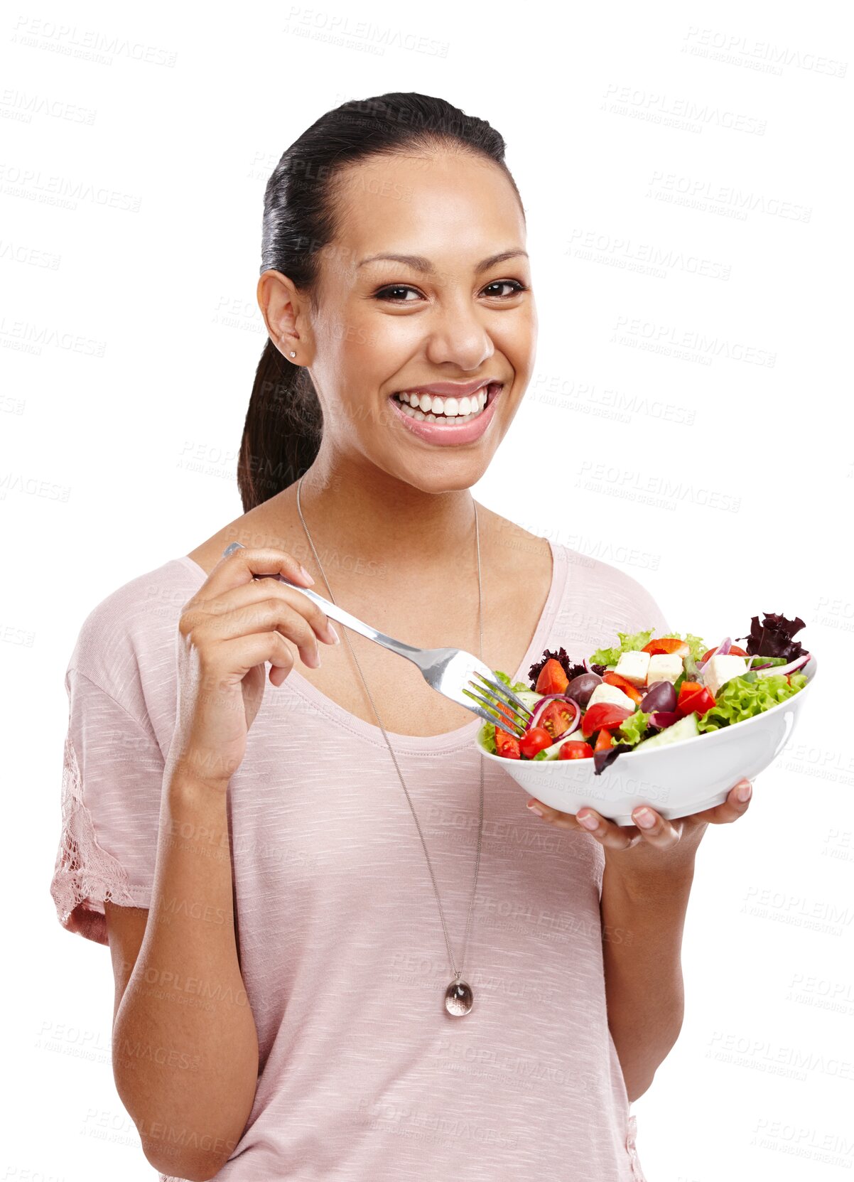 Buy stock photo Woman portrait, happy and salad isolated on transparent, png background for healthy green lunch, diet or nutritionist breakfast. Vegan person or model eating fruits, vegetables and lettuce for detox