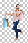 Portrait, shopping bags and woman with fashion on an isolated and transparent png background. Discount celebration, sales deal and happy girl customer pleased after buying at mall