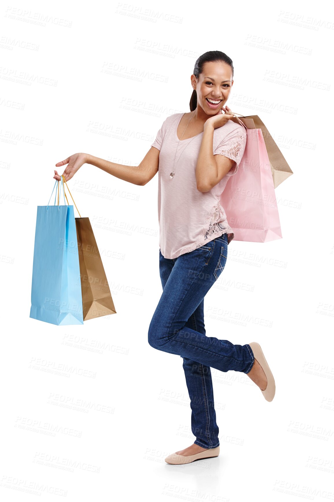 Buy stock photo Portrait, shopping bags or happy woman with fashion isolated on transparent png background. Discount celebration, sales deals or excited girl customer with designer clothes, gifts or luxury products