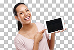 Screen, portrait and woman with tablet mockup on an isolated, transparent png background. Marketing, branding and happy female hold touchscreen technology for product placement or advertising space