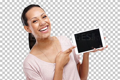 Buy stock photo Tablet screen, pointing and woman portrait isolated on transparent, png background for website or mockup space. Happy biracial person or online user with digital technology and promo or presentation