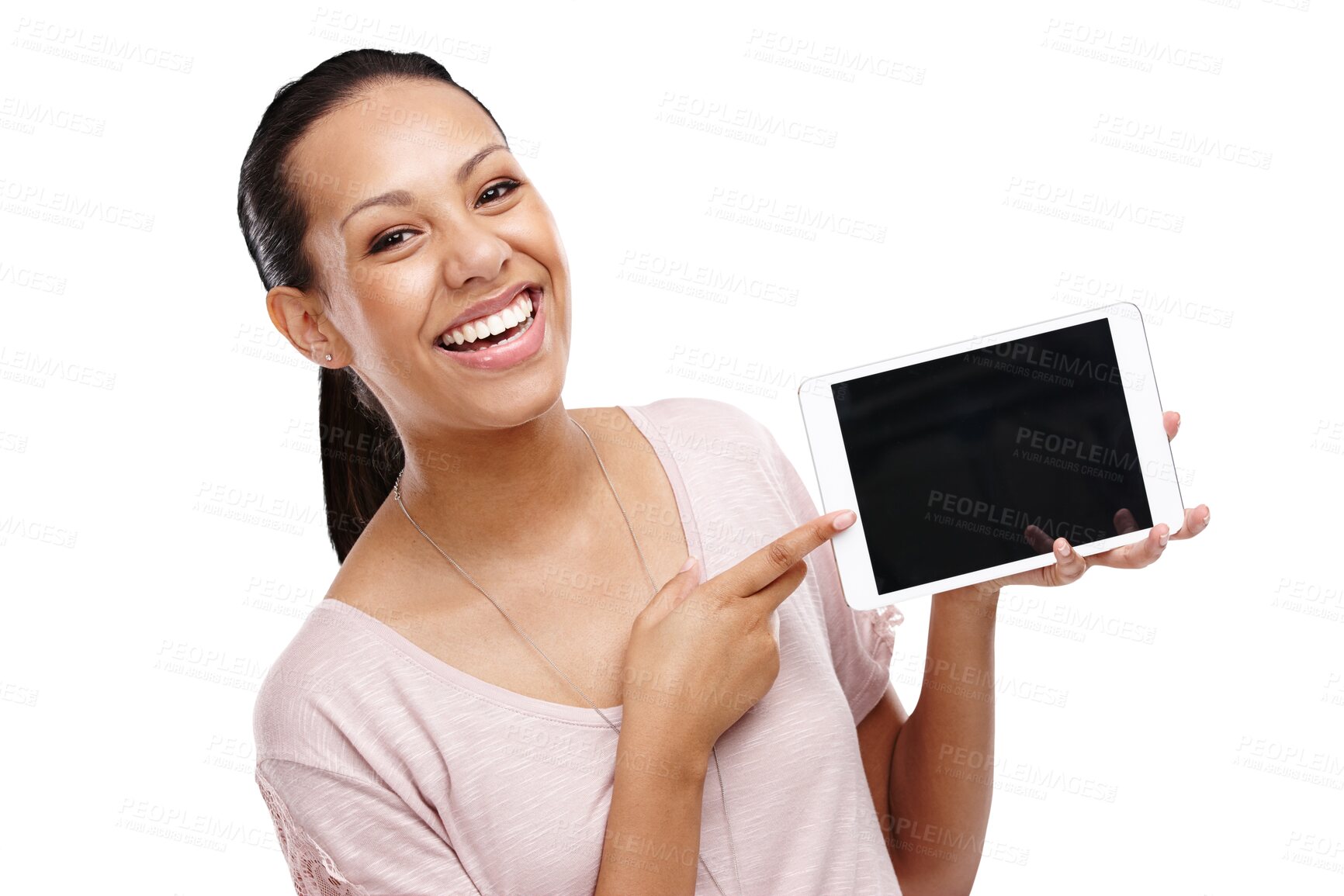 Buy stock photo Tablet screen, pointing and woman portrait isolated on transparent, png background for website or mockup space. Happy biracial person or online user with digital technology and promo or presentation