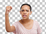 Woman, portrait and angry fist to protest for power and human rights on an isolated and transparent png background. Serious female with hand for justice and support of revolution in anger