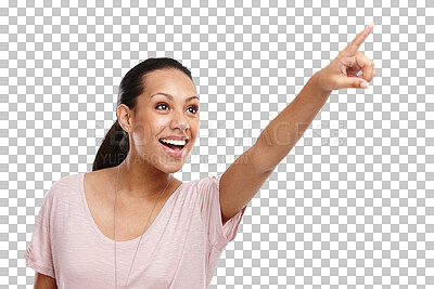 Buy stock photo Pointing, information and announcement with a woman excited isolated on a transparent background. Hand, presentation and review with an attractive young female showing a brand, product or logo on PNG