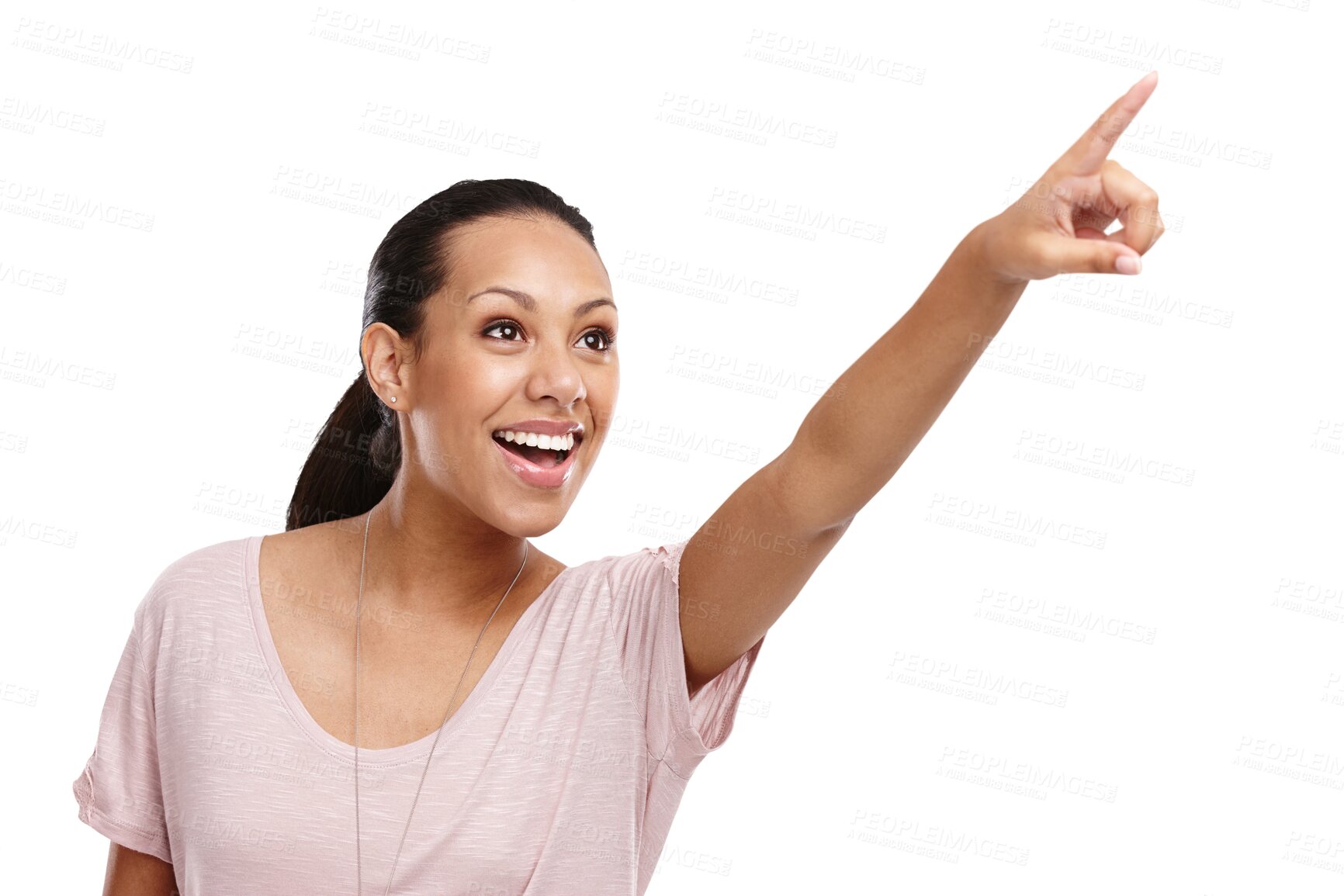 Buy stock photo Pointing, information and announcement with a woman excited isolated on a transparent background. Hand, presentation and review with an attractive young female showing a brand, product or logo on PNG