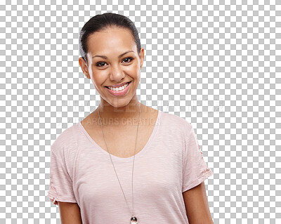 Buy stock photo Portrait, smile and beauty of woman isolated on a transparent png background. Fashion, face and happiness of female person or model from Brazil with positive mindset, trendy and casual clothing.