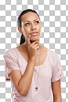 Woman, face and thinking with inspiration for idea, mindset and motivation on an isolated and transparent png background. Emoji and facial expression of a model, thoughtful about solution