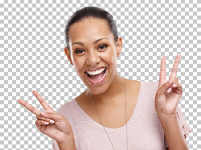 Buy stock photo Peace sign, smile or portrait of happy woman isolated on transparent png background with positive mindset. Beauty, emoji or face of an excited Brazilian girl model with hand gesture for excitement