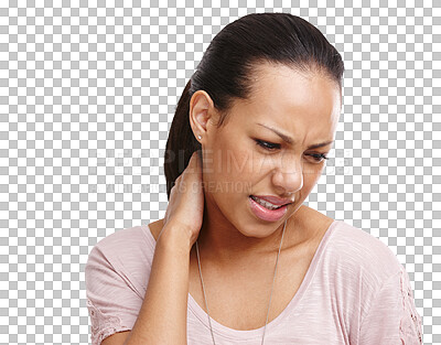 Buy stock photo Stress, injury or woman with neck pain, fatigue or burnout isolated transparent on png background. Posture problem, tired or injured Brazilian girl model frustrated, sad or stressed by muscle tension