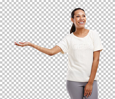 Buy stock photo Woman, hand and space for branding, logo and showing deal isolated on a transparent png background. Female model, empty palm and retail promotion, discount advertisement or sale offer with a smile