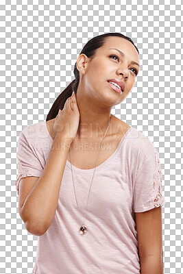 Injury, neck pain and woman with stress, inflammation or accident with medical emergency on an isolated and transparent png background. Painful, hurt and girl with muscle sprain, sore or tension