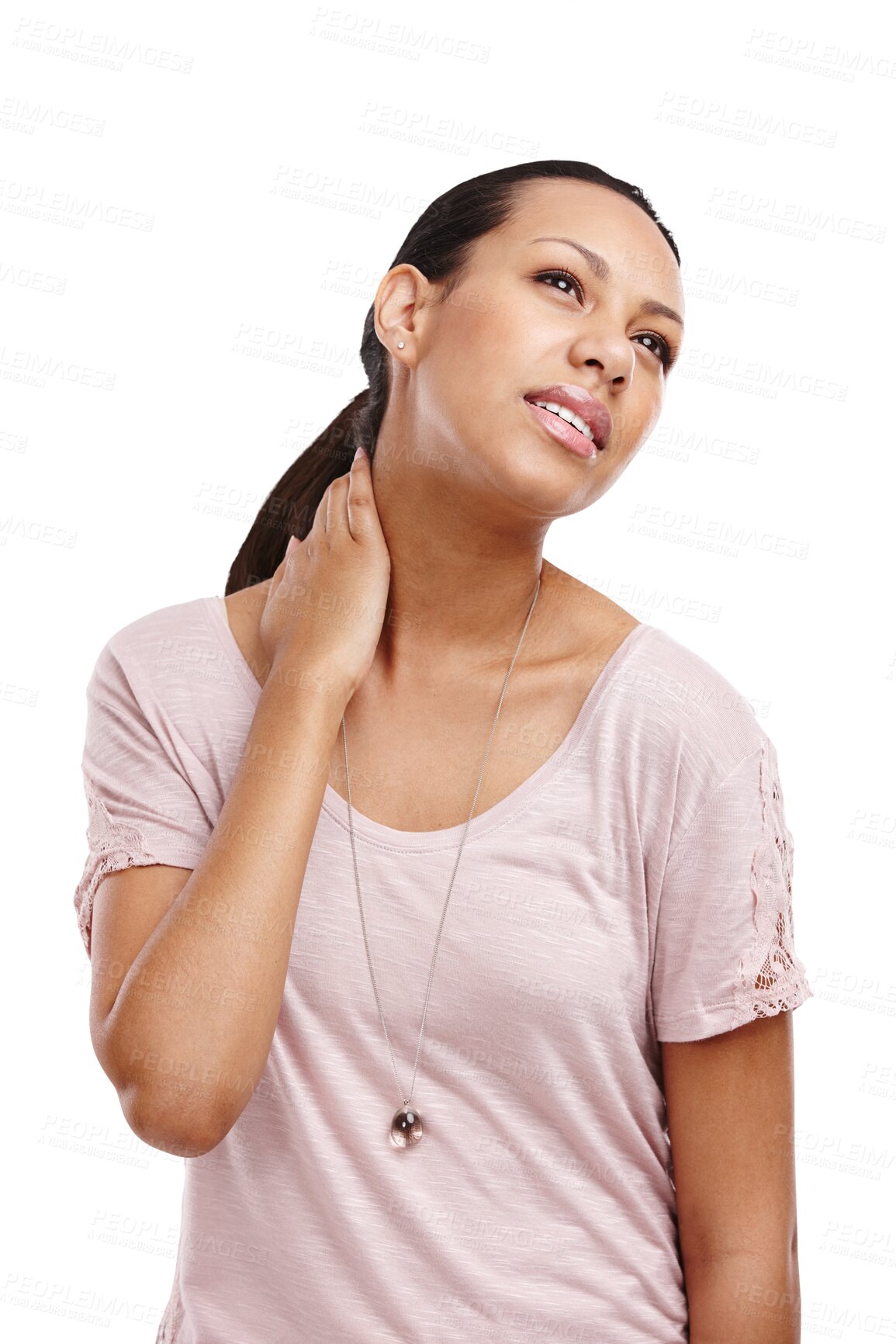 Buy stock photo Stress, injury or woman thinking with neck pain, fatigue or burnout isolated transparent on png background. Contemplating, tired or injured girl frustrated or stressed by muscle tension in spine 