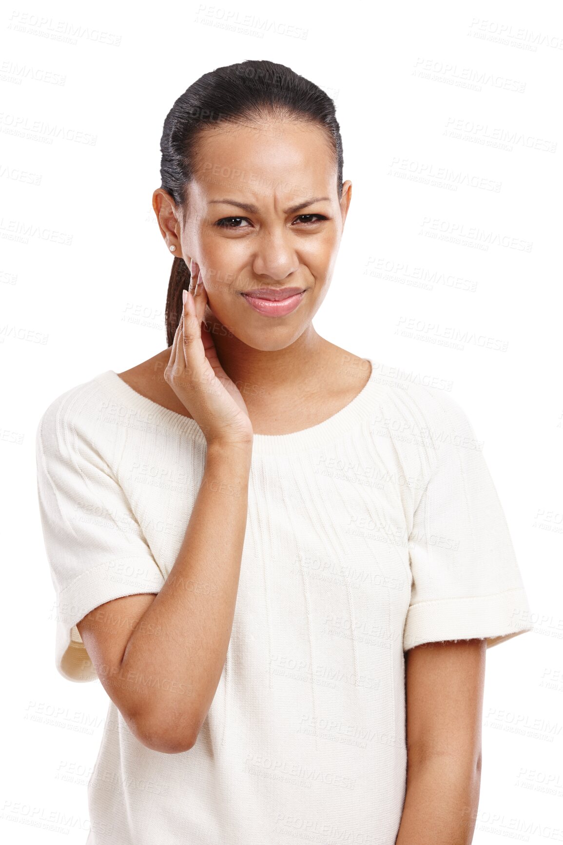 Buy stock photo Portrait, dental or girl with toothache pain for oral care, mouth injury isolated on transparent png background. Sad, upset or frustrated woman with hand on jaw or cheek for teeth cavity or emergency