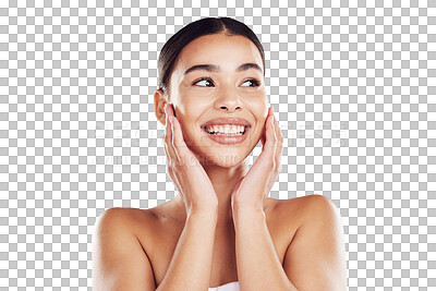 Idea, skincare and dermatology of a smiling woman with joy about her glowing skin facial routine isolated on a png background. Cosmetics, natural beauty and happiness of thinking latino female