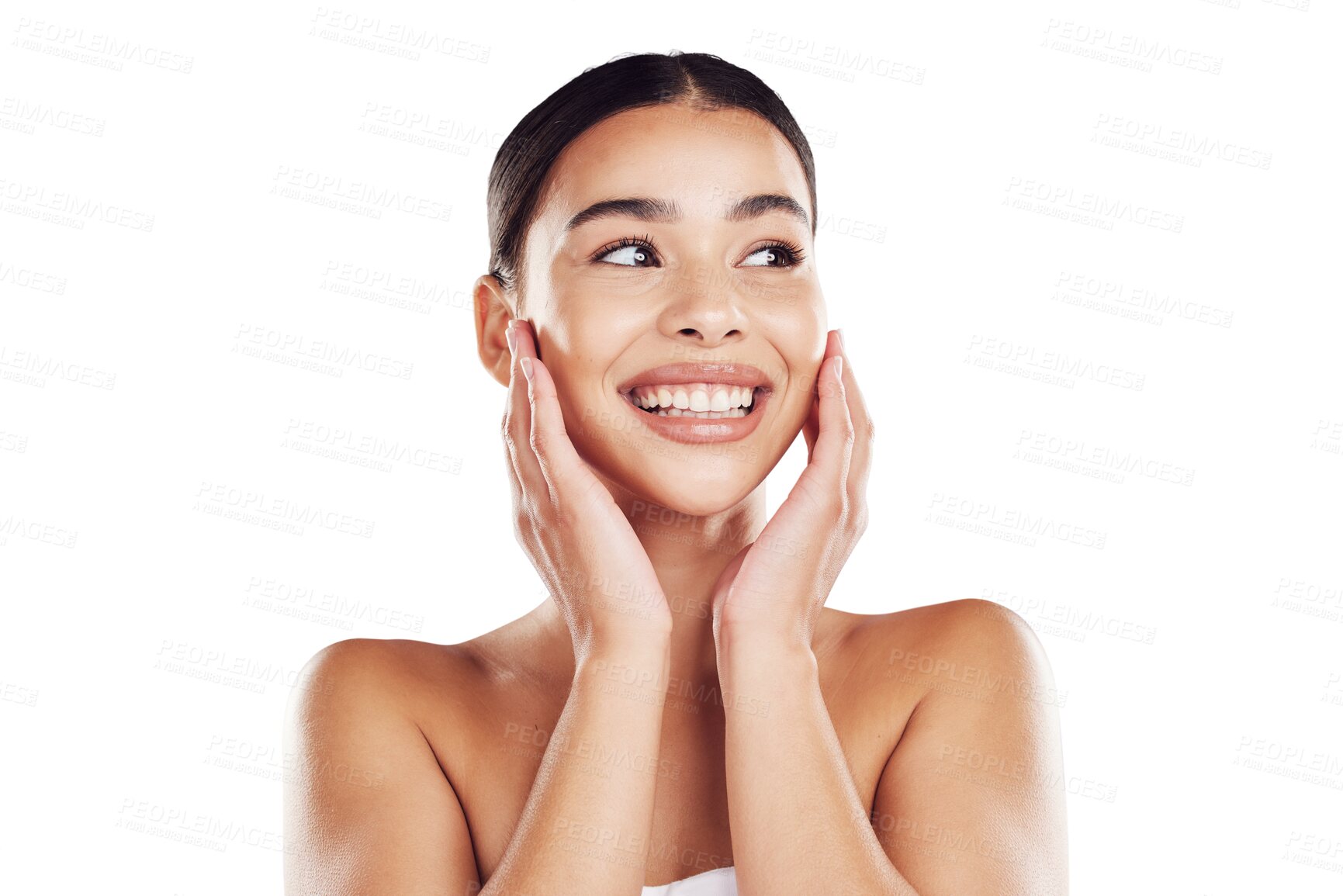 Buy stock photo Thinking, skincare and face of woman with beauty on isolated, PNG and transparent background. Dermatology, wellness and happy female person with smile for natural cosmetics, makeup and facial care