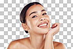 Portrait, smile and skincare with hispanic woman happy about smooth, soft skin on an isolated png background. Happiness, face and cosmetic care of a smiling female with health and wellness