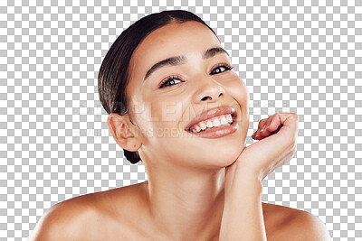 Buy stock photo Portrait, beauty and PNG with a natural woman isolated on a transparent background for skincare or cosmetics. Face, smile and skin treatment with a happy young female person posing for wellness