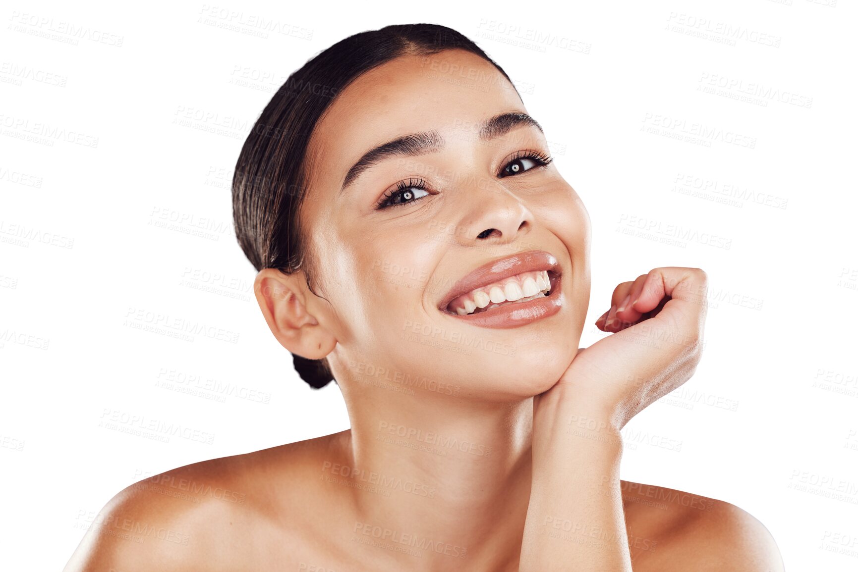 Buy stock photo Portrait, beauty and PNG with a natural woman isolated on a transparent background for skincare or cosmetics. Face, smile and skin treatment with a happy young female person posing for wellness