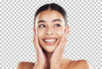 Buy stock photo Skincare, excited and face of woman with beauty on isolated, png and transparent background. Dermatology, facial wellness and happy female person thinking in natural cosmetics, makeup and smooth skin