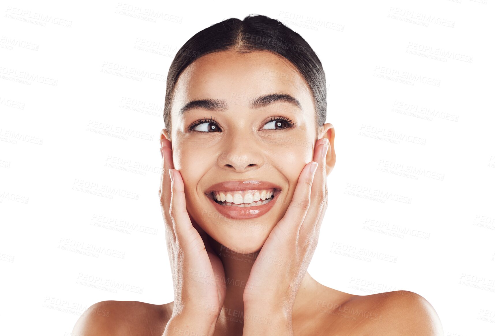 Buy stock photo Skincare, excited and face of woman with beauty on isolated, png and transparent background. Dermatology, facial wellness and happy female person thinking in natural cosmetics, makeup and smooth skin