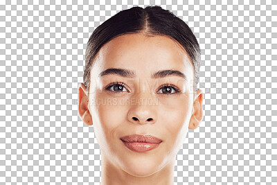 Face, skincare and portrait of focused woman with smooth skin, isolated on a png background. Glow, dermatology and face cosmetics of a serious hispanic female with natural makeup on a backdrop