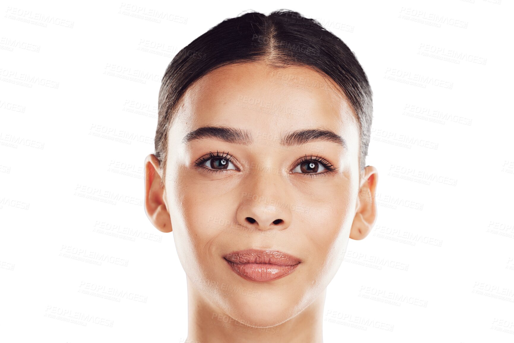 Buy stock photo Beauty, headshot and portrait of woman with makeup glow and dermatology wellness. Isolated, face and female model with cosmetics, cosmetology aesthetic and glowing skin on transparent png background