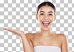 Woman, skincare and hand space for beauty with happiness isolated on a png background. Cosmetology, glowing skin and latino female with gesture for natural makeup marketing on a backdrop.