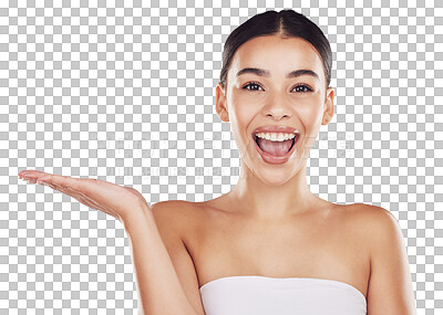 Woman, skincare and hand space for beauty with happiness isolated on a png background. Cosmetology, glowing skin and latino female with gesture for natural makeup marketing on a backdrop.
