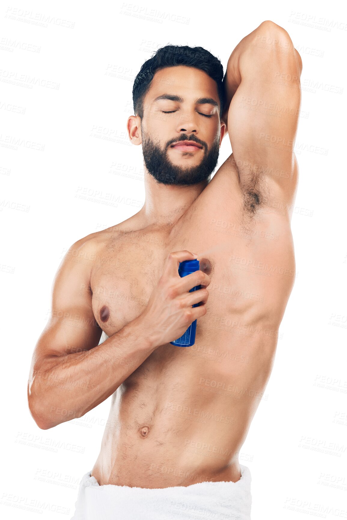 Buy stock photo Armpit, deodorant or man spray for body hygiene, perfume and clean underarm product marketing. Skincare or healthy model smelling fresh scent for advertising isolated on transparent png background